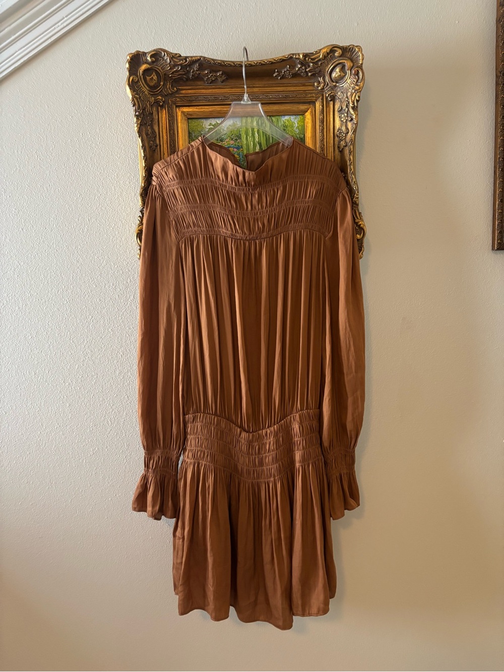 DO+BE Camel Brown Smocked Drop Waist Mini Dress Long Sleeve